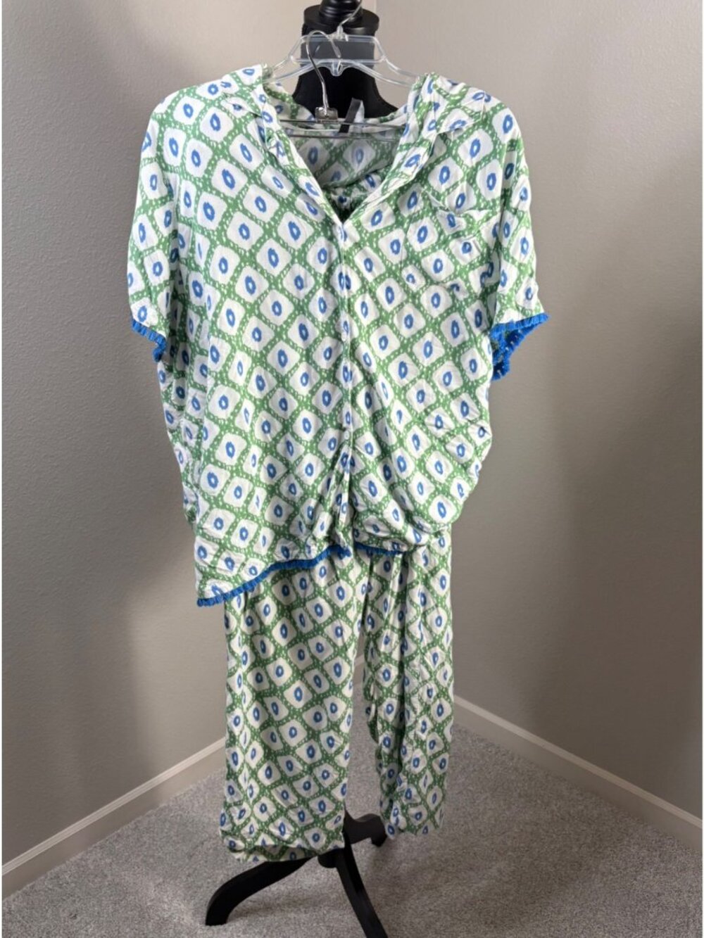 Jaclyn Intimates Womens 1X Pajama Set Green Blue Geometric Rayon Short Sleeve